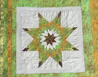 Handmade natural fiber quilt with Lone Star design. Beautiful batik fabric lap quilt, wall hanging, sofa throw