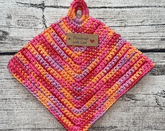 Topflappen gehäkelt - 2er Set Topflappen / Topfuntersetzer - 100% Baumwolle - mit Aufhänger - Rot Pink Orange Lila meliert *NEU*