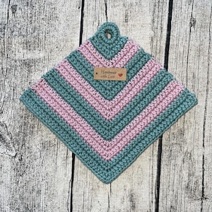 Gehaakte pannenlappen - Set van 2 pannenlappen/onderzetters - 100% katoen - met ophanglus - strepen - antiekroze, blauw, turquoise 2 *NIEUW*