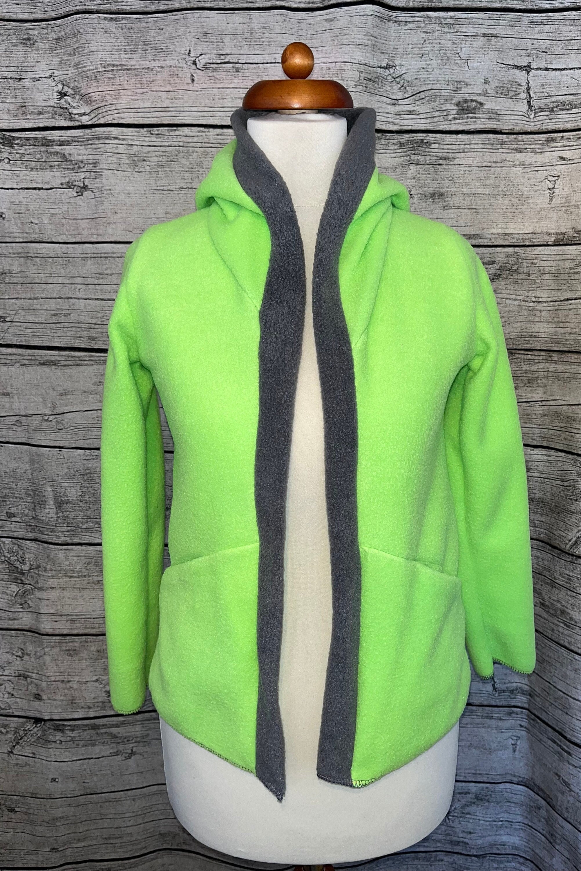 Fleece Jacke Sweat Strickjacke Cardigan mit Kapuze Neon Grün Gr