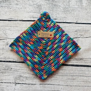 Topflappen gehäkelt - 2er Set Topflappen / Topfuntersetzer - 100% Baumwolle - mit Aufhänger - Blau Orange Grün Lila meliert *NEU*