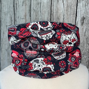 Bufanda de bucle Bufanda de peluche - Calavera Negro Gris Rojo Claro *NUEVO*