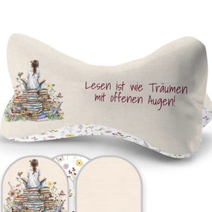 Leseknochen, Relaxkissen, Buchstütze, Kuschelkissen, Nackenstütze, Kissen, Nackenkissen aus 100% Biobaumwolle - Bücherturm Blumen *NEU*
