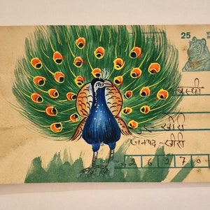 Einzigartige indische handgemalte Bilder auf alten Postkarten - Natur: Pfauen und Blumen - Wählen Sie Ihre Postkarte - 10x15cm