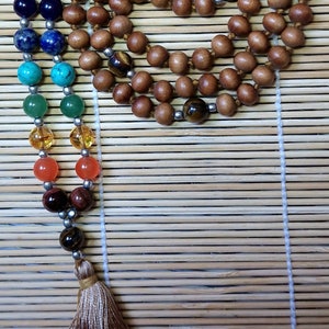 7 CHAKRAS MALA / Japa mala / Necklace - 108 beads - Handmade - Sandalwood beads + Tiger eye beads