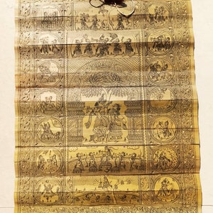 Unique indian Palm Leaf Etching and carving Art - Tala Pattachittra - Illustration of Krishna&#39;s childhood - 48x38cm