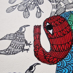 Einzigartige handgemachte Gond Kunst aus Indien, Madhya Pradesh - Vögel, ein Elefant und Baum - 24x17 cm