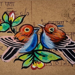 Images indiennes uniques peintes à la main sur de vieilles cartes postales - Oiseaux - Choisissez votre carte postale - 10 x 15 cm