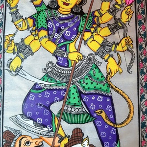Indian ODISHA PATTACHITTRA PAINTING on cotton cloth - Theme : Colorfull Godess Durga - 50x25cm