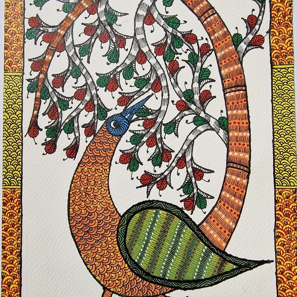 Unique handmade Gond tribal art from India, Madhya Pradesh - Bird and nature creation - 28x19 cm