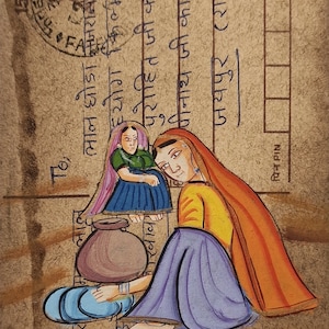 Einzigartige indische handgemalte Bilder auf alten Postkarten - Traditionelles indisches Dorfleben - Wählen Sie Ihre Postkarte - 10x15cm