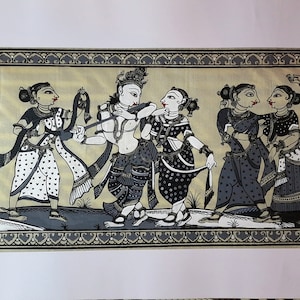 Indian ODISHA PATTACHITTRA PAINTING on cotton cloth - Theme : Krishna Radha and Gopis - 50x25cm