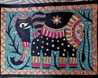 May include: A black and white painting of an elephant with intricate details. The elephant is surrounded by trees and flowers, all drawn in a traditional Indian style. The background is a vibrant turquoise blue.