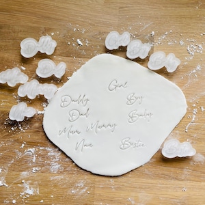 May include: A white fondant surface with various words imprinted into it using cookie cutters. The words include "Girl", "Boy", "Baby", "Daddy", "Dad", "Mum", "Mummy", "Nan", and "Bestie".