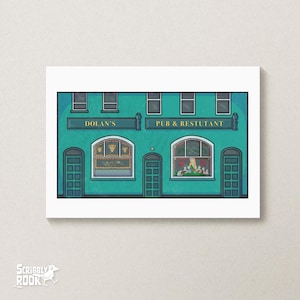 May include: A teal green building with a sign that reads "Dolan's Pub & Restutant". The building has two windows on each floor and a door on each side. The windows are arched and have a gold trim. The doors are also arched and have a gold trim. The building is set against a white background.