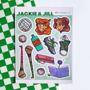 Jackie en Jill stickervel, groen en wit, schattig, planner, schoolbenodigdheden, slingeren, GAA, Ierland, Munster, vinyl stickervel