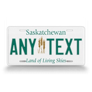May include: White license plate featuring the word "Saskatchewan" above and "Land of Living Skies" below. The words "ANY TEXT" are in dark green. A graphic of wheat stalks is in the center.