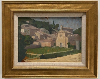 Alphonse Legros (1837-1911) Französisches Ölgemälde „Weiler mit Kirche“, gerahmte Landschaft, antikes Vintage-Dorf in der Provence