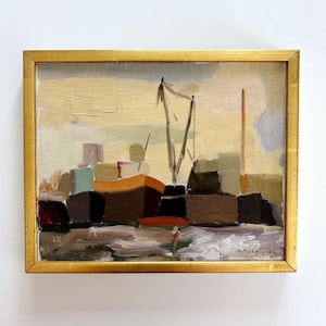 Vintage “MUTED HARBOUR” original oil painting on panel impressionist gilt frame
