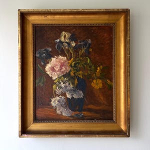 Large vintage “FLORAL ELEGANCE” original French framed still life oil painting on canvas floral flowers bouquet