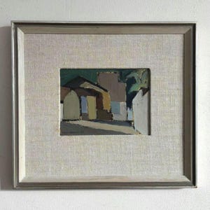 Vintage “ABSTRACT HOUSES II” original Swedish framed oil painting on board signed linen mount