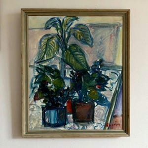 Vintage “PLANT POTS” original Swedish framed still life oil painting on canvas signed large
