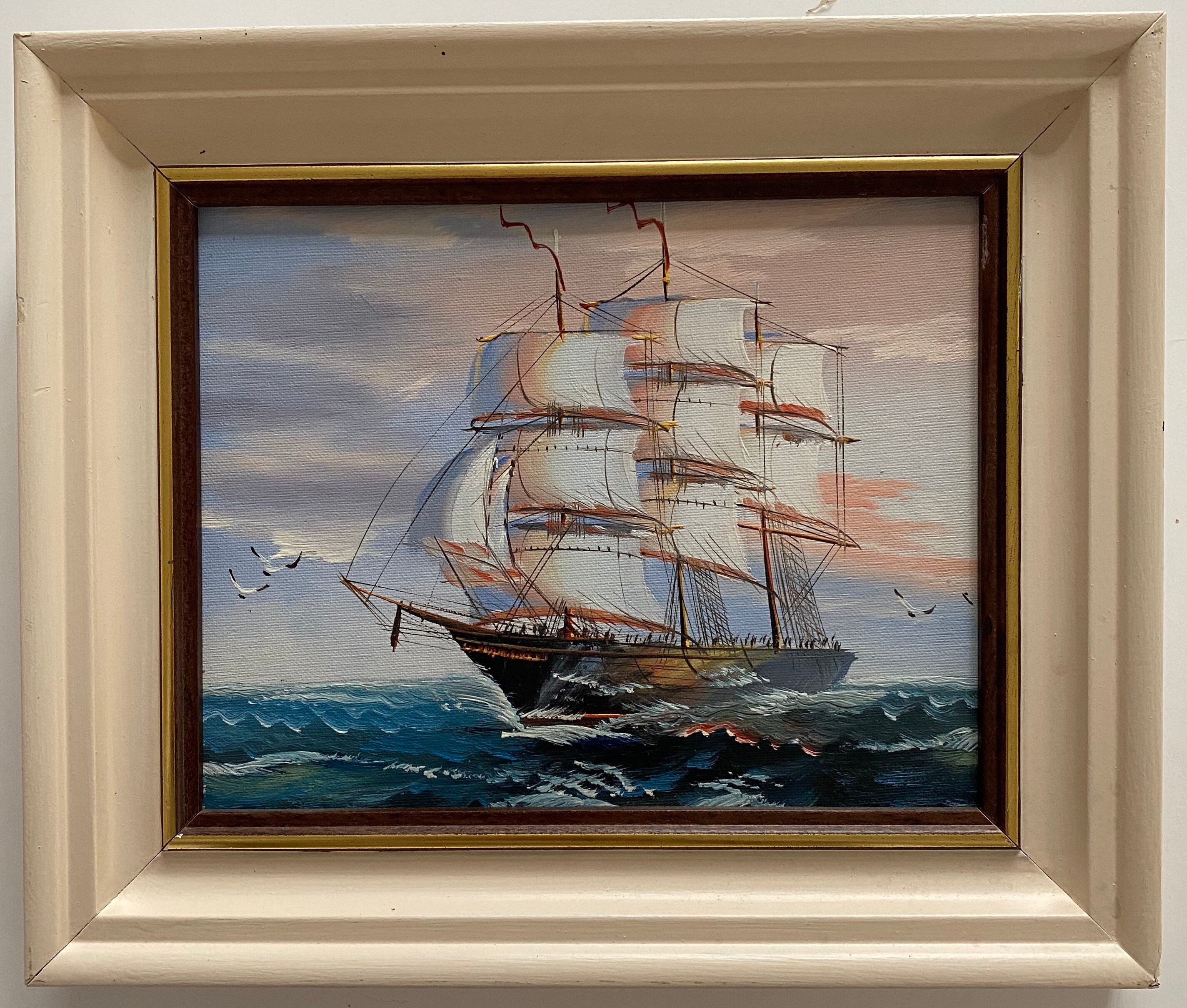 Vintage oil painting framed landscape seascape coastal sea boat coast impressionist sailing boats ocean ship small Vintage oil painting framed landscape seascape coastal sea boat coast impressionist sailing boats ocean ship small
