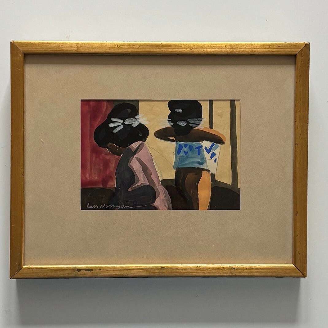 Lars Norrman 1915 -1979 original painting framed vintage Scandinavian Swedish 1960s  Japanese kimono women nude signed small mid century
