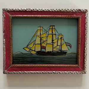 Vintage oil painting miniature small Indian reverse glass painting mini framed childrens bedroom bathroom boat ship clipper red image 1