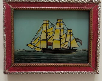 Vintage oil painting miniature small Indian reverse glass painting mini framed  childrens bedroom bathroom boat ship clipper red