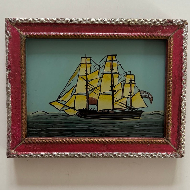 Vintage oil painting miniature small Indian reverse glass painting mini framed childrens bedroom bathroom boat ship clipper red image 1