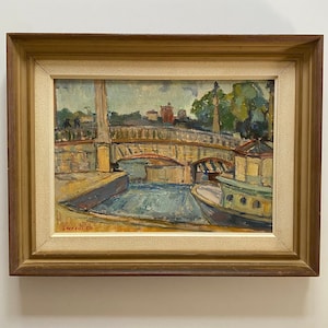 Original Swedish “Ove Swedin” (b 1915) signed 1954 painting landscape framed oil signed vintage mid century boat river