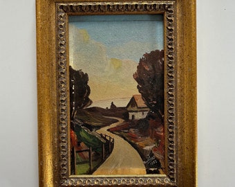 French 1953 country path landscape oil painting vintage small framed signed mid century