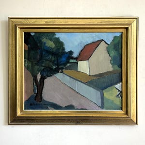 Vintage &quot;KUBISTISCH ROOD DAK&quot; origineel landschapsolieverfschilderij canvas Zweedse vergulde lijst kubisme kleurrijk