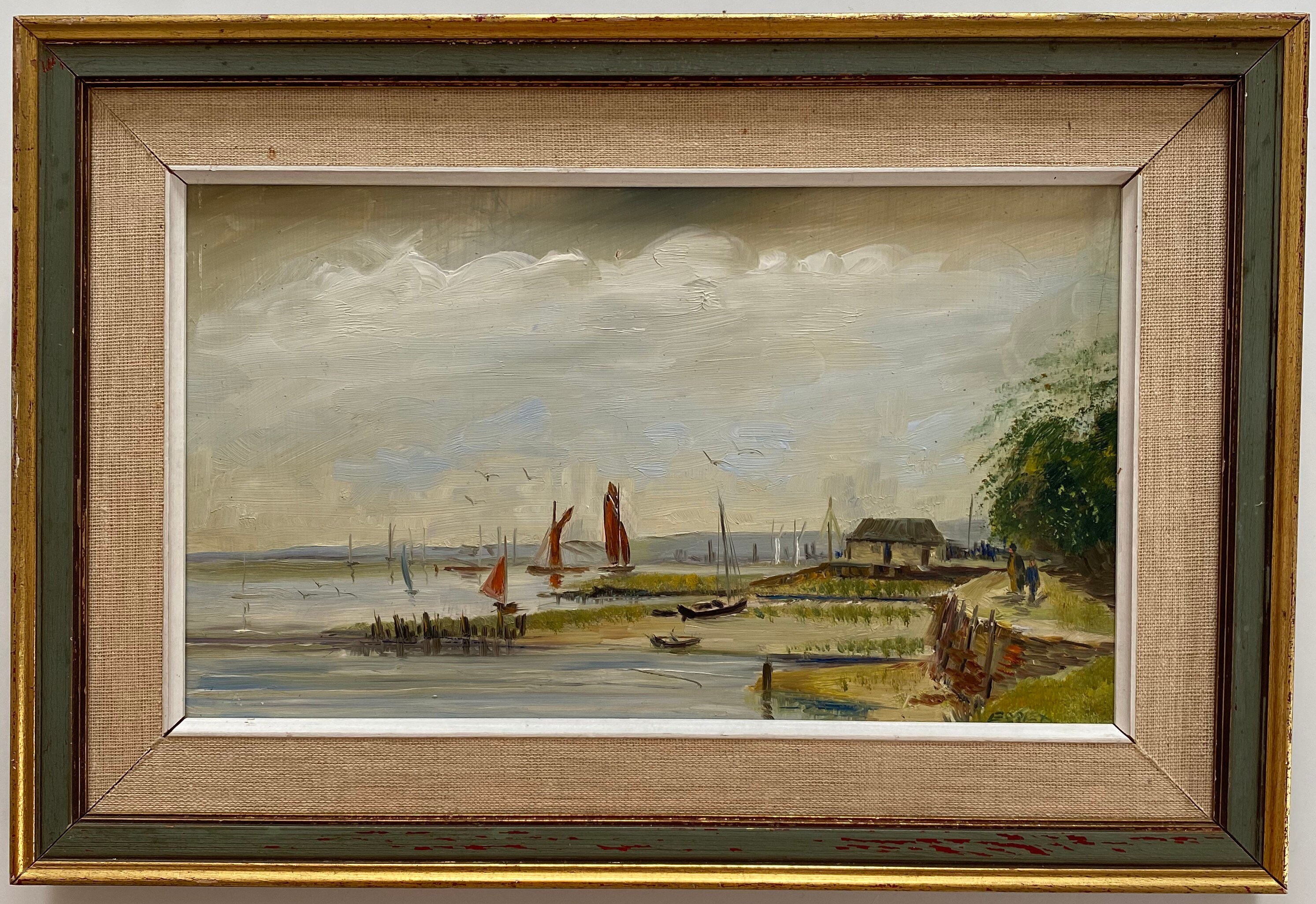 Vintage oil painting framed landscape seascape coastal sea boat coast impressionist sailing boats ocean ship small Vintage oil painting framed landscape seascape coastal sea boat coast impressionist sailing boats ocean ship small