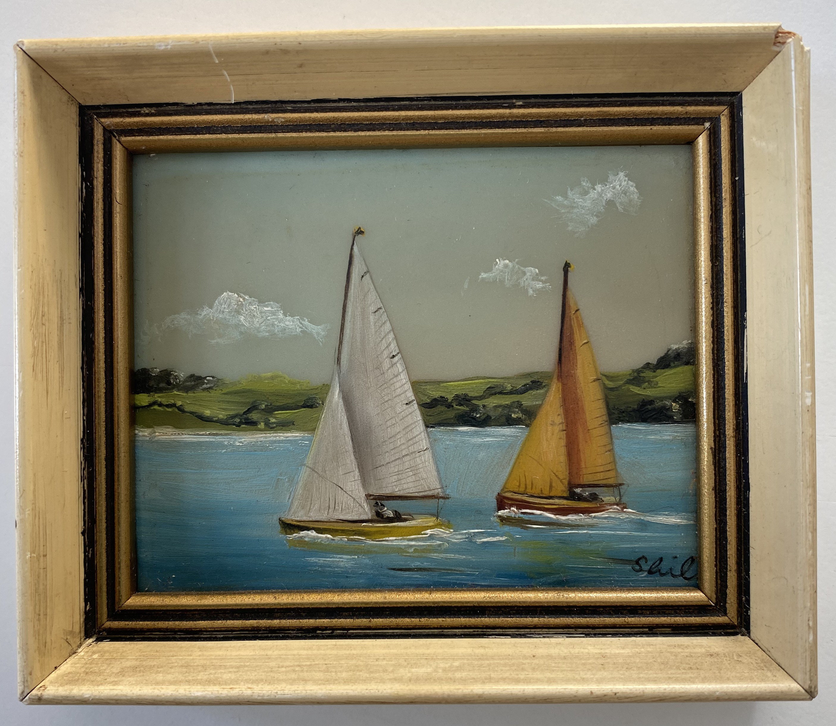 Vintage oil painting framed landscape seascape coastal sea boat coast impressionist sailing boats ocean ship small Vintage oil painting framed landscape seascape coastal sea boat coast impressionist sailing boats ocean ship small