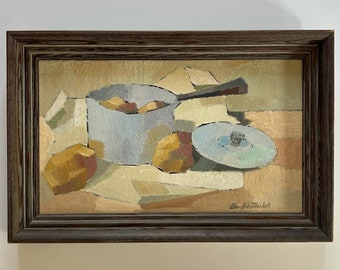 Bo-Arne Irehall (Swedish 1927-1986) original painting framed oil vintage Scandinavian cubist kitchen potatoes potato mud century