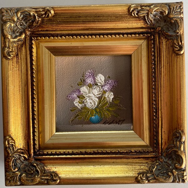 Vintage oil painting retro flowers still life floral framed 1950s 1960s mid century flower gold frame ornate small pink miniature square