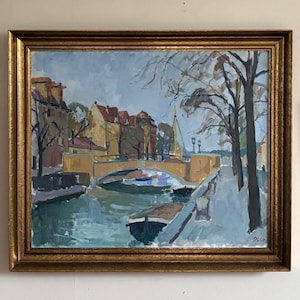 1960 large “CANAL PATH” landscape mid century Swedish vintage oil painting landscape large town signed framed original signed city