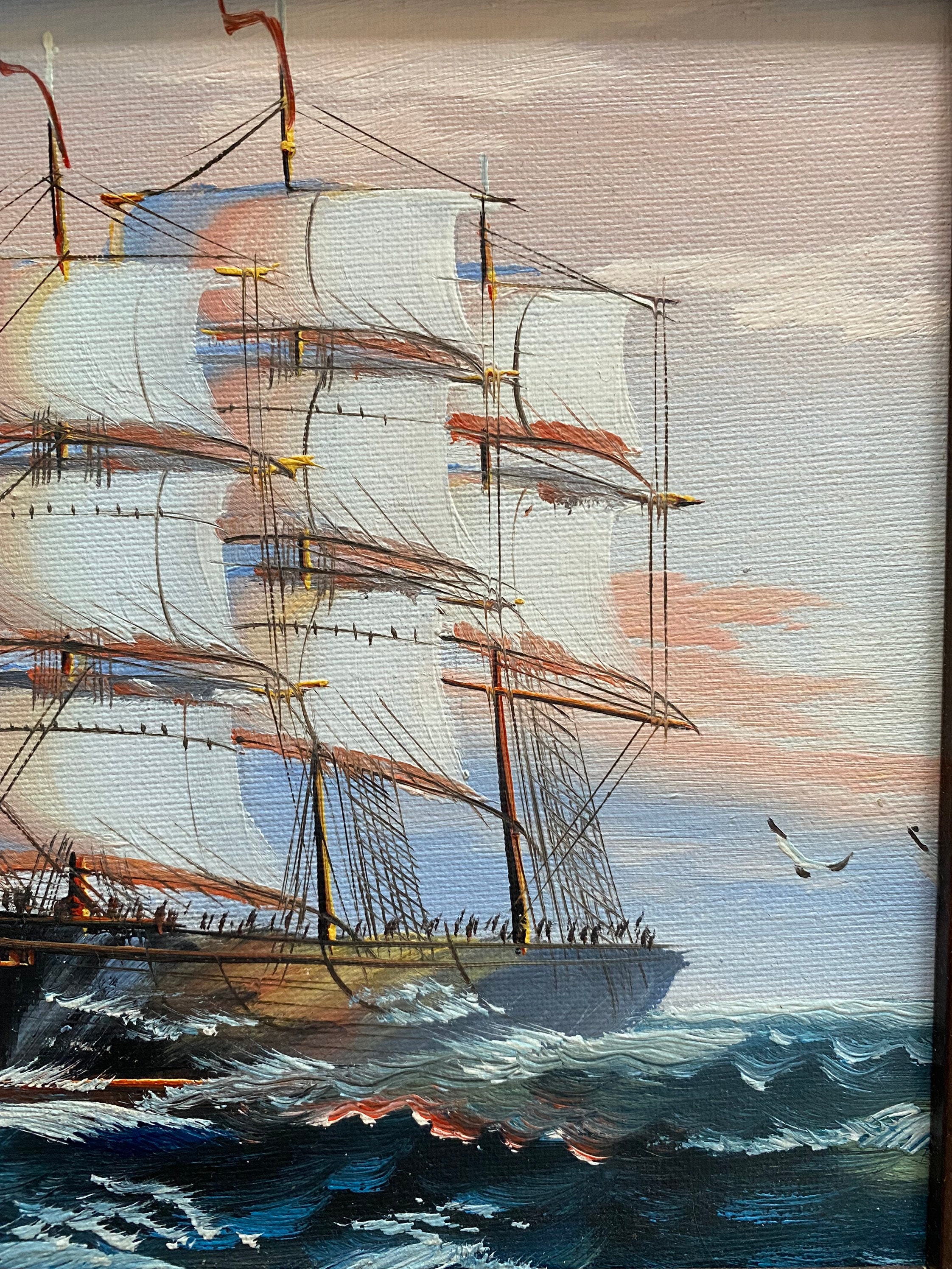 Vintage oil painting framed landscape seascape coastal sea boat coast impressionist sailing boats ocean ship small Vintage oil painting framed landscape seascape coastal sea boat coast impressionist sailing boats ocean ship small