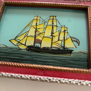 Vintage oil painting miniature small Indian reverse glass painting mini framed childrens bedroom bathroom boat ship clipper red image 3