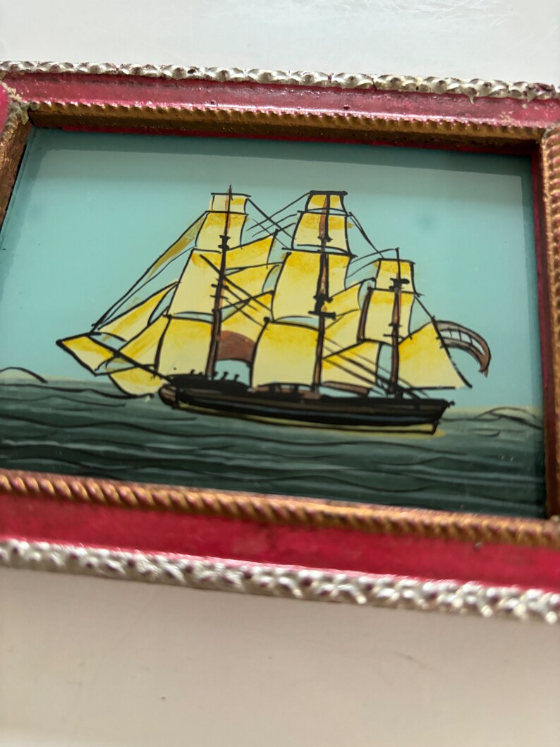 Vintage oil painting miniature small Indian reverse glass painting mini framed childrens bedroom bathroom boat ship clipper red image 3
