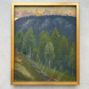 Vintage “DEEP FOREST” original Swedish landscape oil painting on panel framed impressionistic art gilt frame