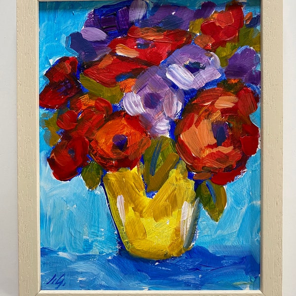 Contemporary oil painting flowers still life floral framed yellow flower frame signed impressionist red blue semi abstract purple bright