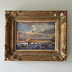 Vintage “PORT VIEW” original French oil painting on panel gilt frame sail boats harbour seascape