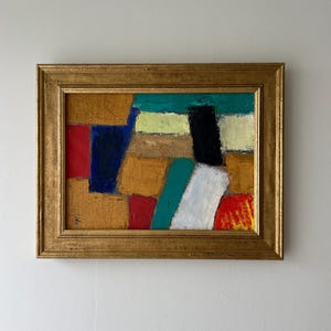 Vintage “BLOCKS OF LIGHT” original French framed oil painting on canvas signed abstract mid-century art