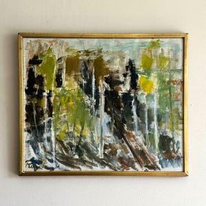 Vintage “ABSTRACT FOREST” original Swedish framed oil painting on canvas signed landscape