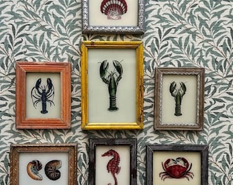 Vintage miniature Indian reverse glass painting mini framed kids childrens bedroom bathroom lobster crab seahorse shells heron crane