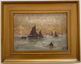 Vintage oil painting framed landscape seascape coastal sea boat coast impressionist sailing boats ocean ship small Vintage oil painting framed landscape seascape coastal sea boat coast impressionist sailing boats ocean ship small