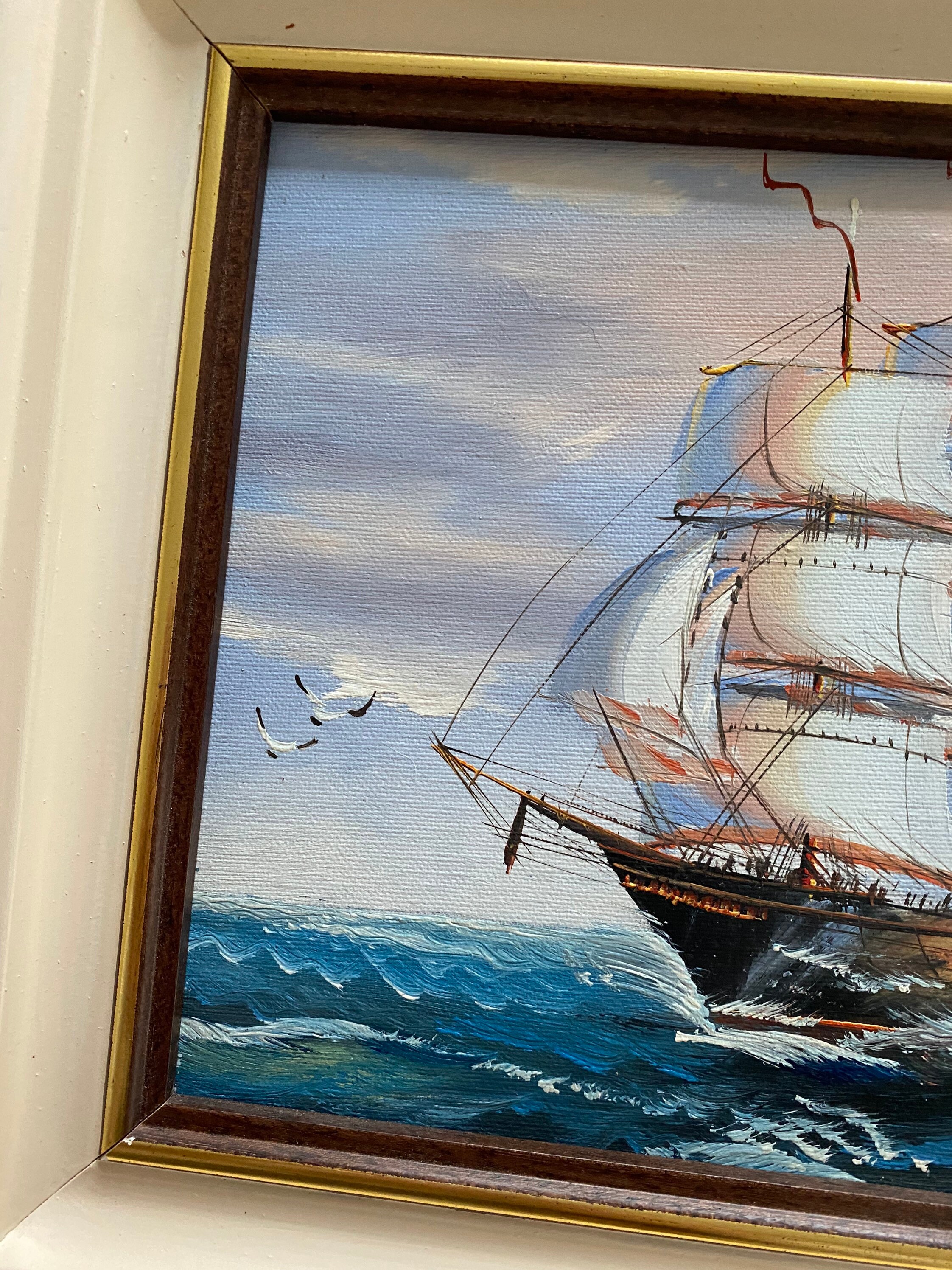 Vintage oil painting framed landscape seascape coastal sea boat coast impressionist sailing boats ocean ship small Vintage oil painting framed landscape seascape coastal sea boat coast impressionist sailing boats ocean ship small